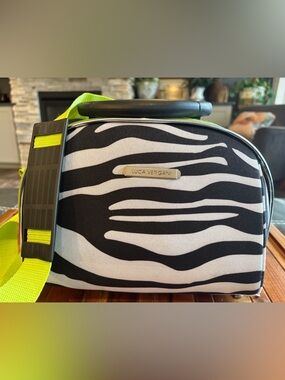 Luca Vergani Cosmetic Makeup Travel Bag Black & Lime Green Zebra Print Zip Up